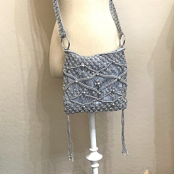 Crossbody Bag Macrame Crochet Beaded Fringe Silver Purse - Picture 2 of 9